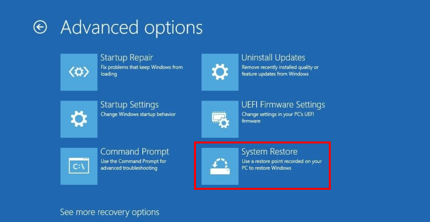 Windows 10 shows how to access System Restore from Advanced Options in Recovery mode