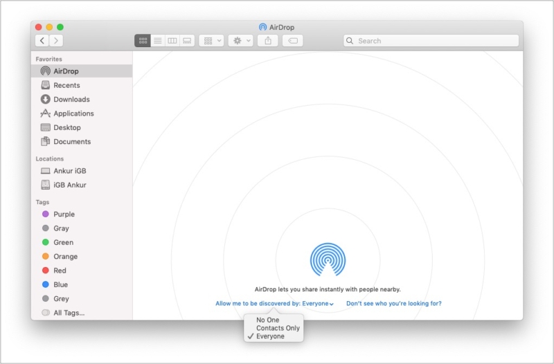 เปิดใช้งานการมองเห็น AirDrop บน Mac