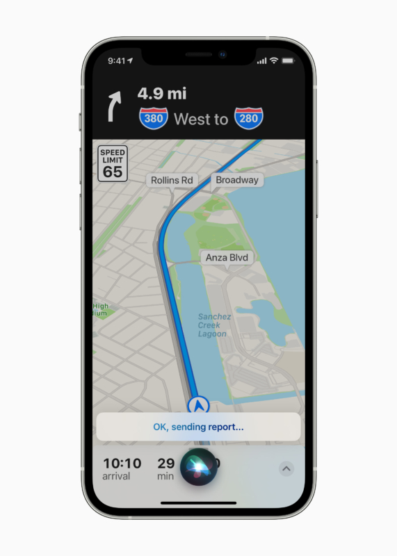 รายงานการตรวจสอบความเร็วอุบัติเหตุจราจรหรืออันตรายใน Apple Maps โดยใช้ Siri