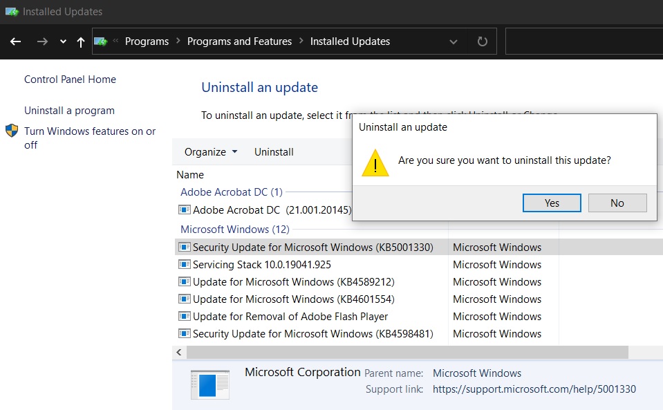 ถอนการติดตั้ง Windows Update