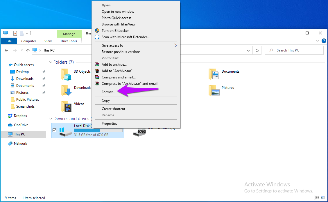 File Explorer ไดรฟ์ฟอร์แมตพีซีเครื่องนี้