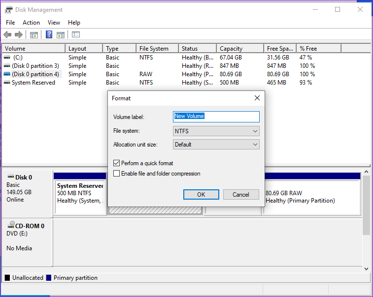 Disk Management Reformat Drive