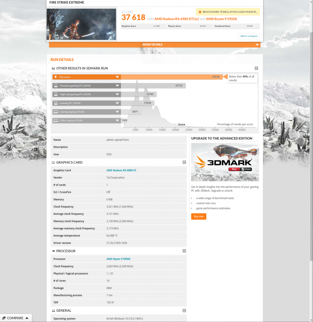 AMD Radeon RX 6900 XT 3.3 GHz ทำลายสถิติ Overclock 3DMark Fire Strike Extreme Benchmark