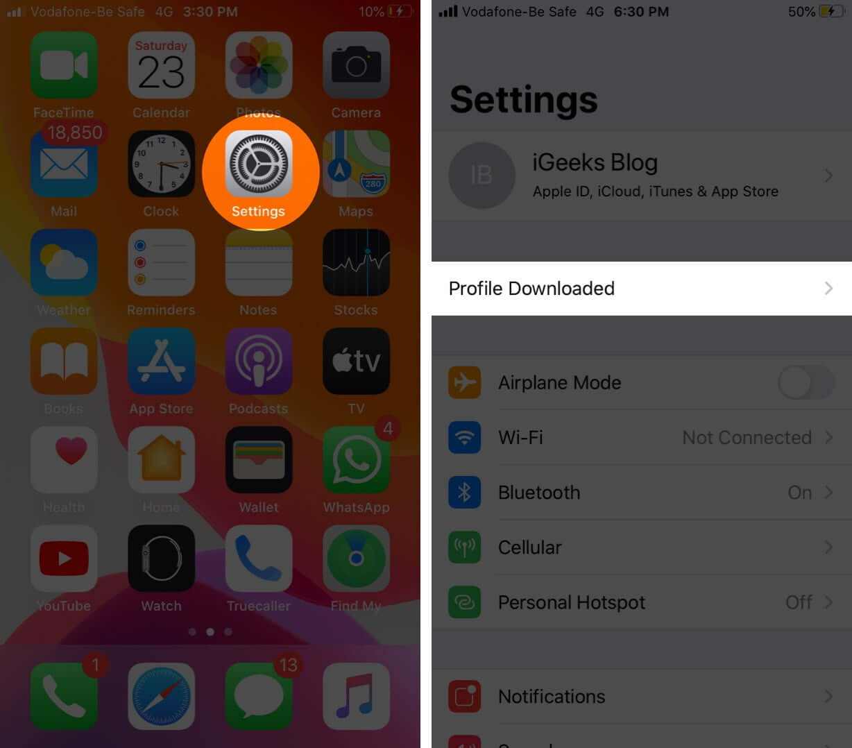 แตะที่การตั้งค่าจากนั้นแตะที่โปรไฟล์ ดาวน์โหลดบน iPhone