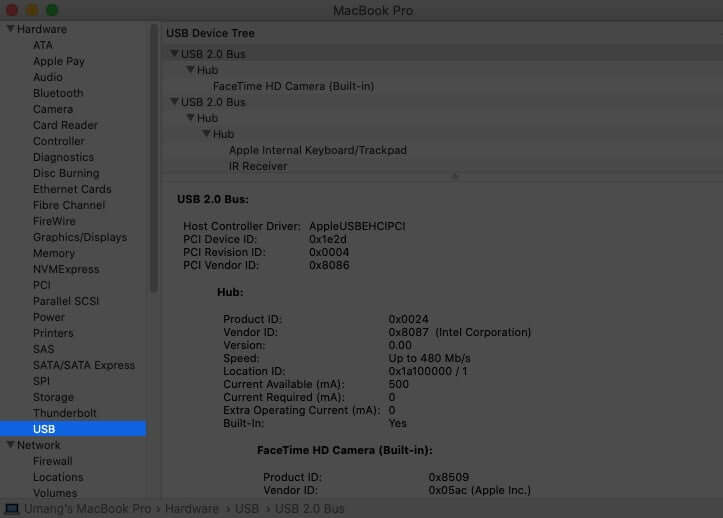 คลิกที่ USB ภายใต้ Hardware Section ใน System Report บน Mac