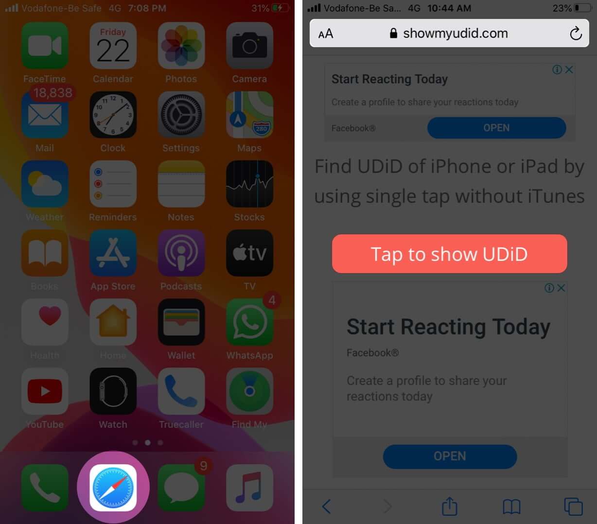 เปิด Safari ไปที่ ShowMyUDID แล้วแตะเพื่อ แสดง UDID