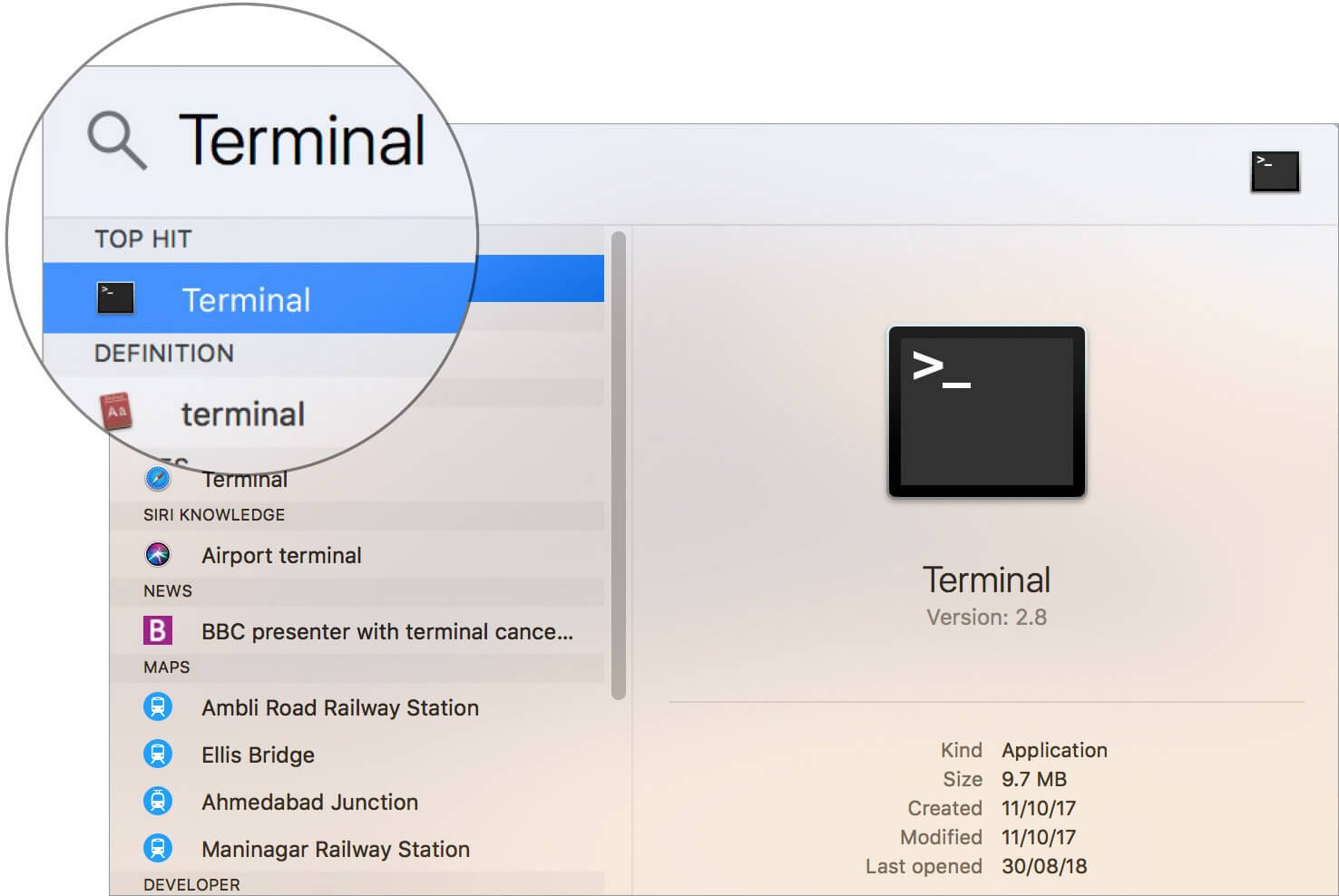 เปิดแอป Terminal บน Mac โดยใช้ Spotlight