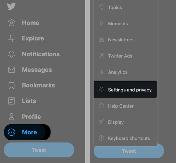ไปที่การตั้งค่าและความเป็นส่วนตัวใน Twitter ผ่านเว็บเบราว์เซอร์
