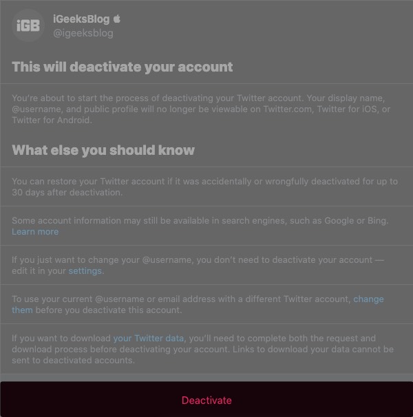 ยืนยันการปิดใช้งานบัญชี Twitter