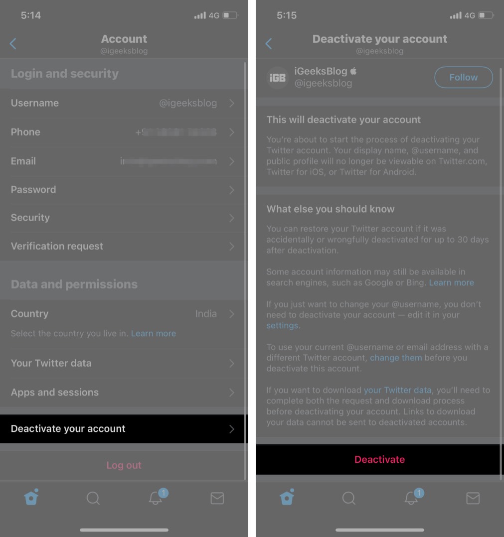 คลิกปิดใช้งานเพื่อลบบัญชีทวิตเตอร์บน iPhone