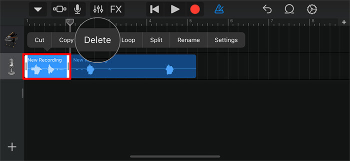 ลบโน้ตเสียงส่วนที่ใช้ไม่ได้โดยแตะสองครั้งในแอป GarageBand
