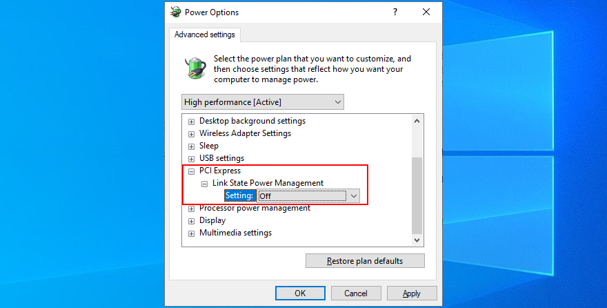 Windows shows how to disable the PCI Express power option
