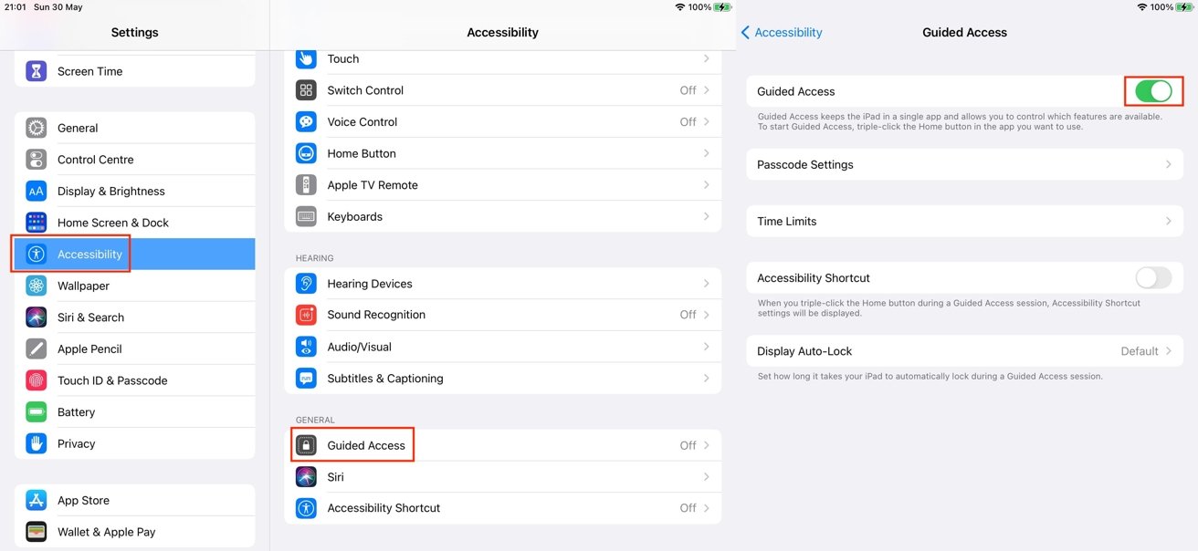 เส้นทางในการตั้งค่า Guided Access จะเหมือนกันบน iPhone และ iPad