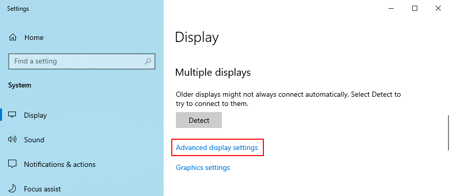 Windows 10 shows how to access advanced display settings