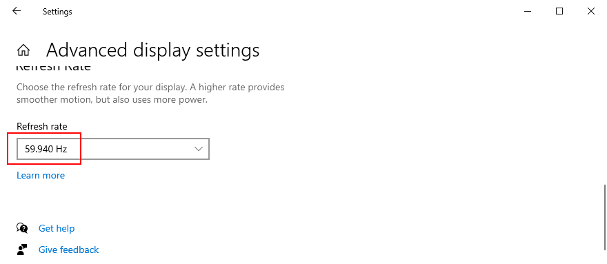 Windows 10 shows how to set the refresh rate
