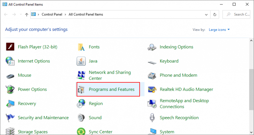 Windows 10 shows how to access Programs and Features from Control Panel