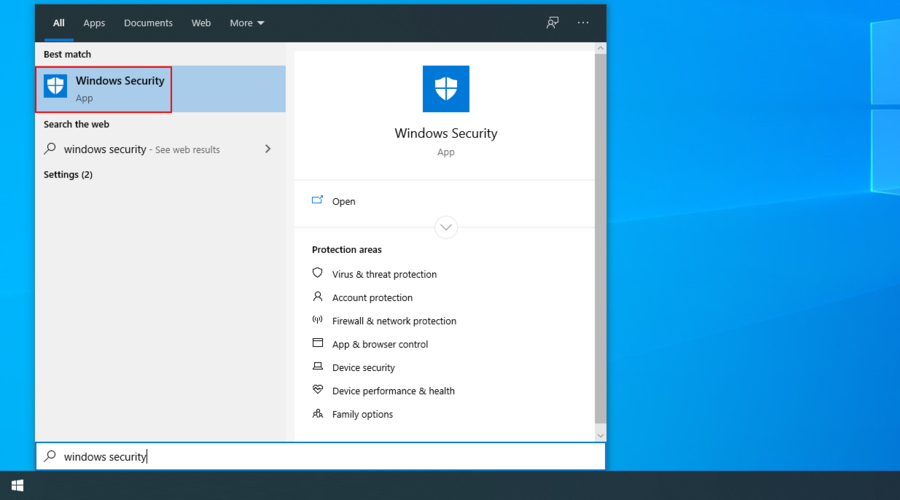 Windows 10 shows how to access the Windows Security app
