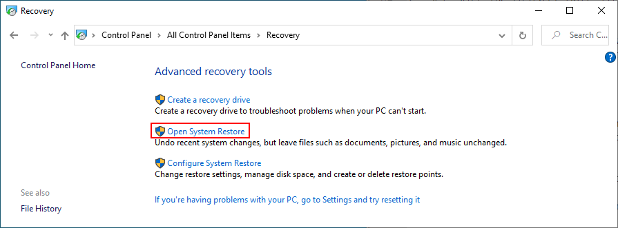 Windows 10 shows how to open System Restore