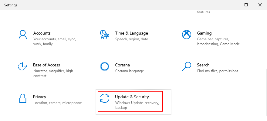 Windows 10 shows how to access the Update and Security settings
