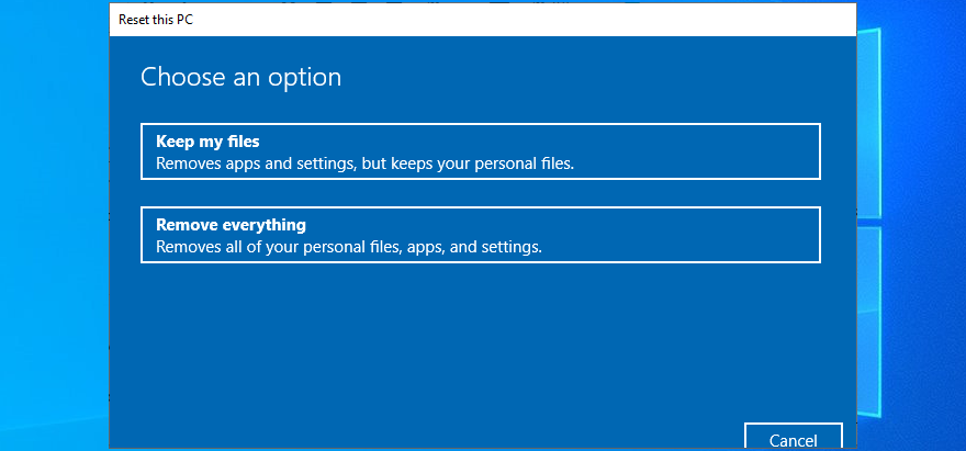 Windows 10 shows the PC reset options