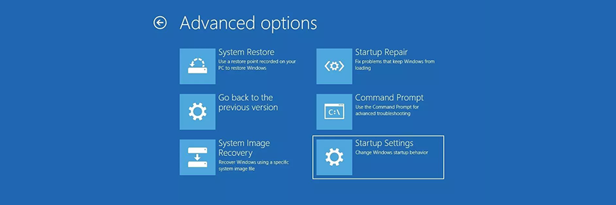 Windows 10 shows the advanced startup options