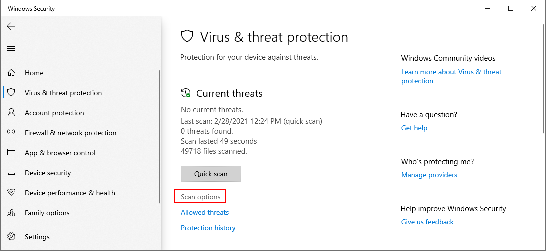 Windows 10 shows how to access Windows Defender scan options
