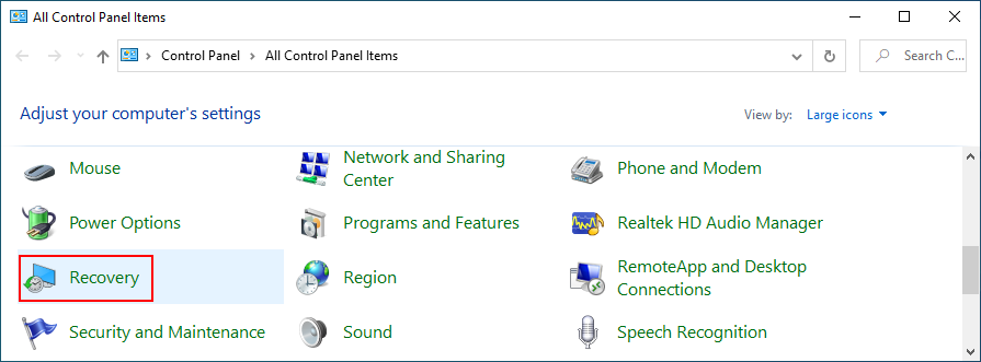 Windows 10 shows how to access Recovery from Control Panel