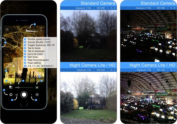 กล้องถ่ายรูปกลางคืนสำหรับภาพถ่ายที่มีแสงน้อยภาพหน้าจอแอพกล้องถ่ายรูป iPhone