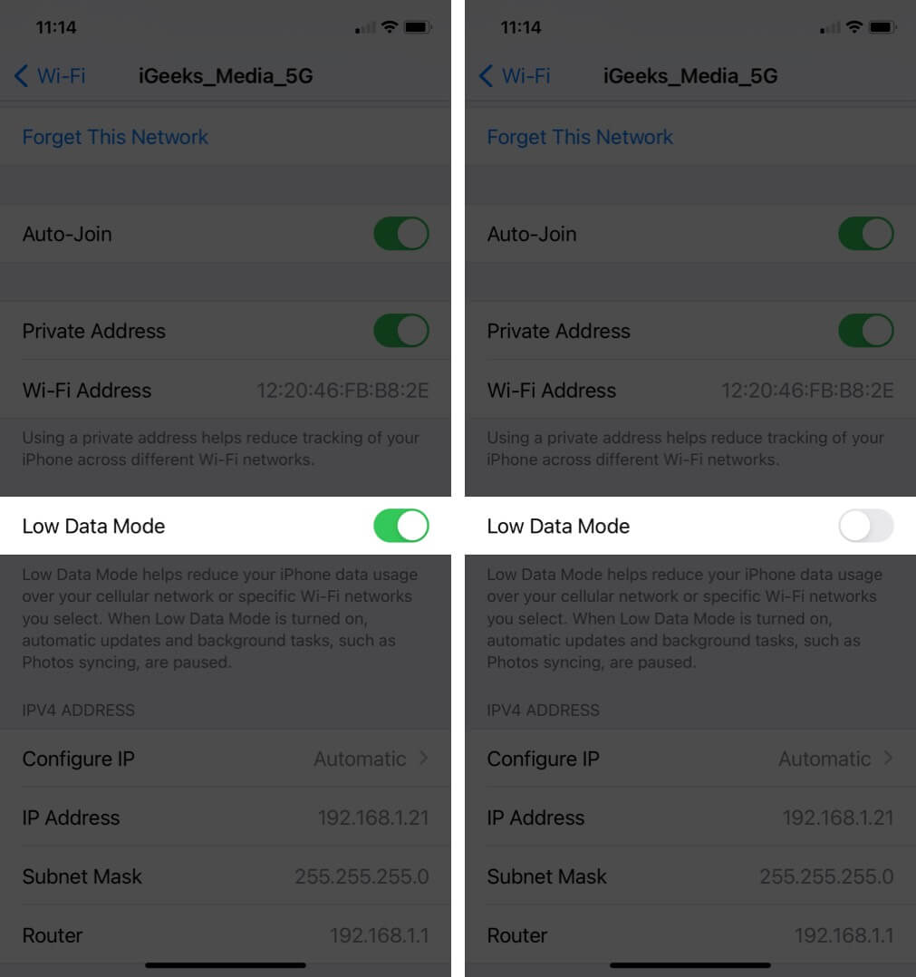 ปิดการใช้งานโหมดข้อมูลต่ำในการตั้งค่า wi-fi บน iphone