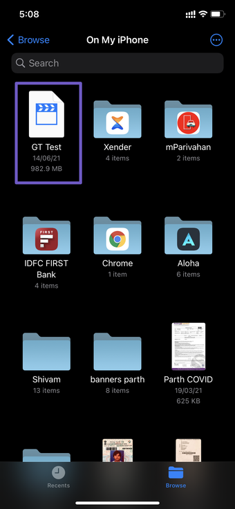 Select video from the Files app