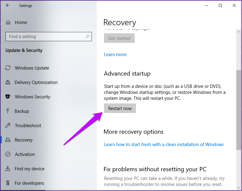 ตัวเลือกการกู้คืนการตั้งค่า Windows เริ่มต้นใหม่