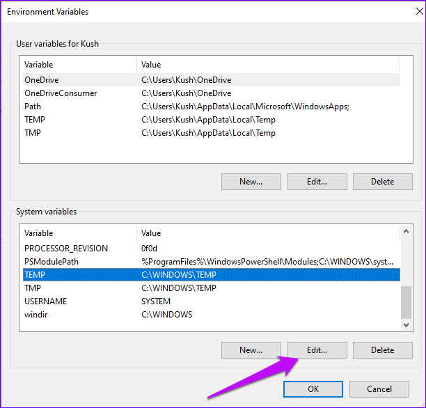 Edit TEMP Environment Variable Windows 10