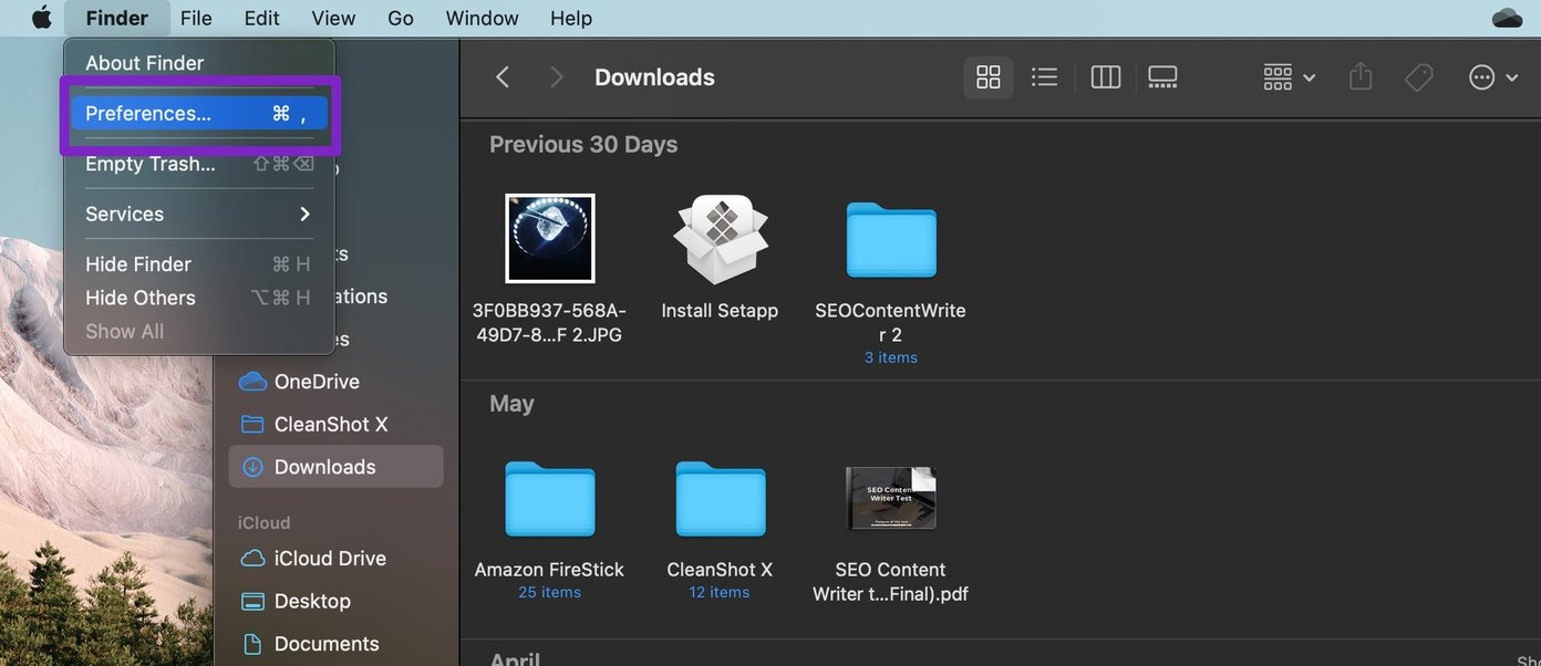 Finder เมนูการตั้งค่า