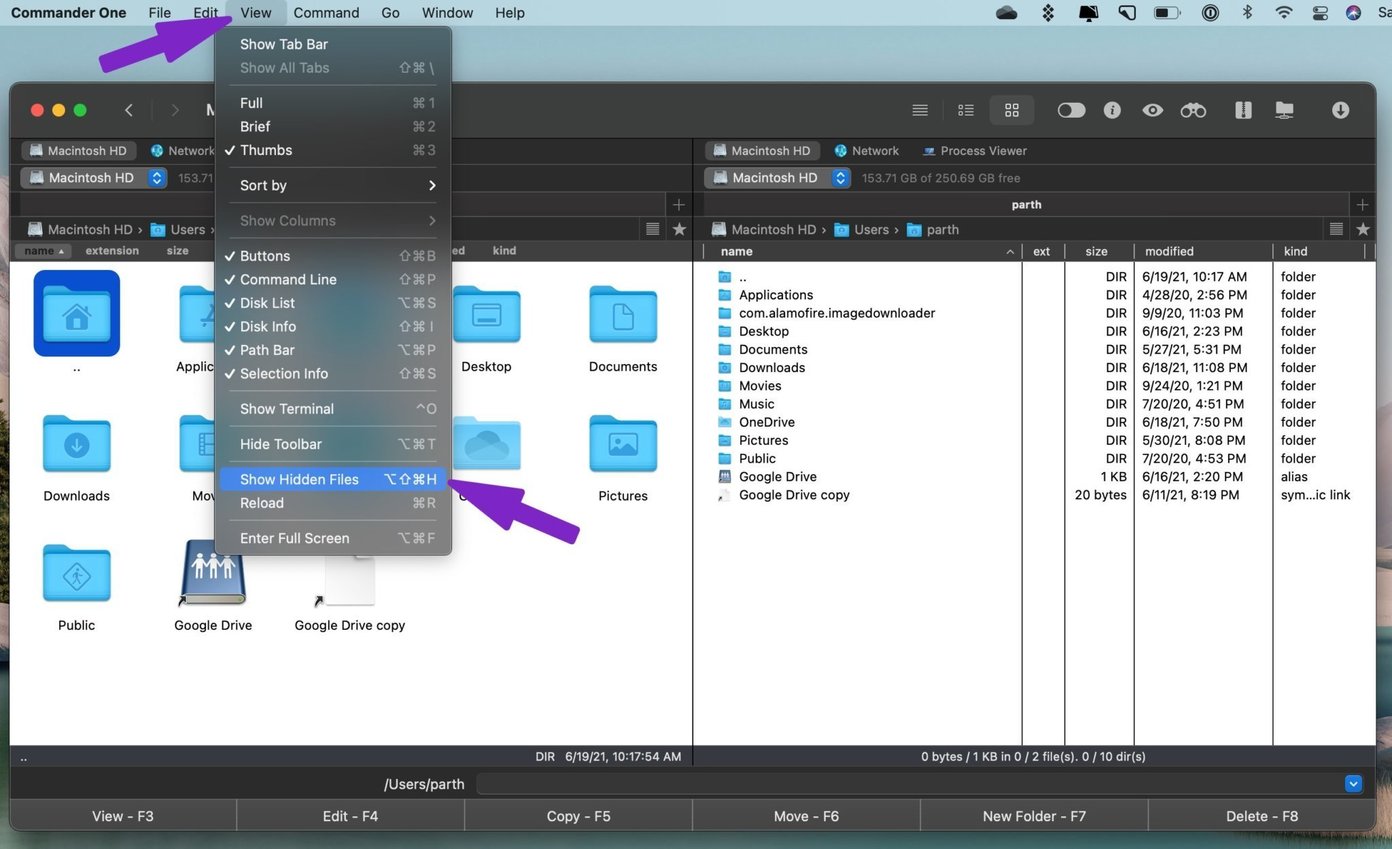 ดูไฟล์ที่ซ่อนอยู่ใน commander one