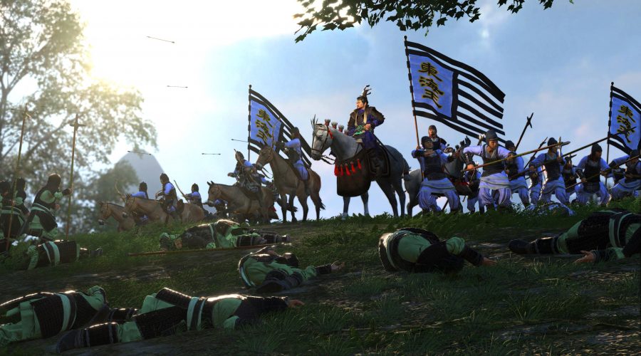 three kingdoms dlc-eight princes ผู้นำบนหลังม้าสำรวจทุ่งซากศพ ทหารรอบตัวเขา