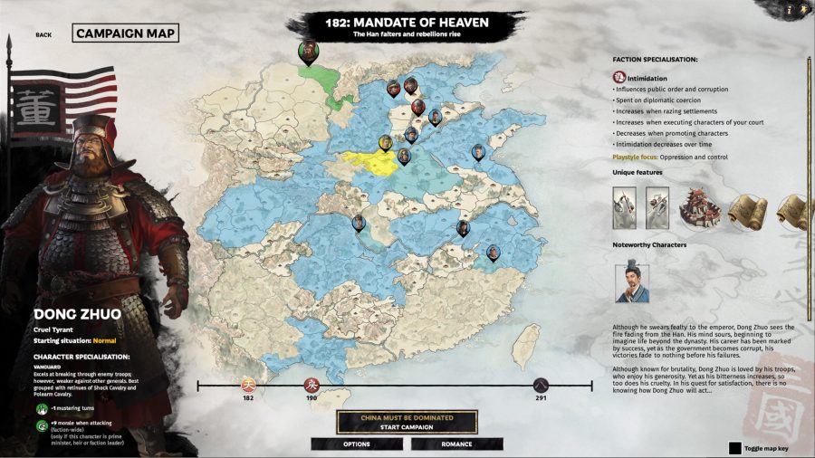 three kingdoms dlc-mandate of heaven แสดงแผนที่การเลือกแคมเปญด้วย Dong Zhuo เป็นตัวเลือกปัจจุบัน