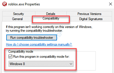 Roblox,exe Properties Compatibility เรียกใช้โปรแกรมนี้ในโหมดความเข้ากันได้สำหรับตรวจสอบ Windows 8
