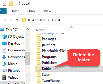 File Explorer นำทางไปยังผู้ใช้ Appdata Roblox Folder Delete