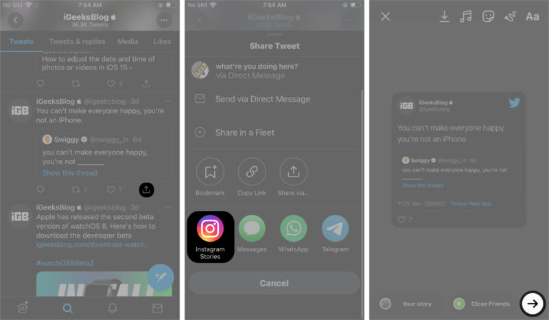 แชร์ทวีตบน Instagram Stories iOS