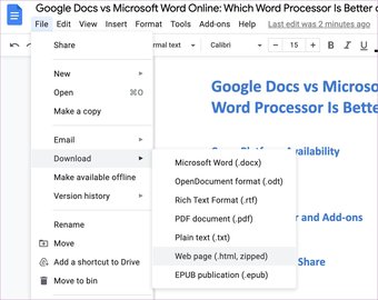 Google docs export options