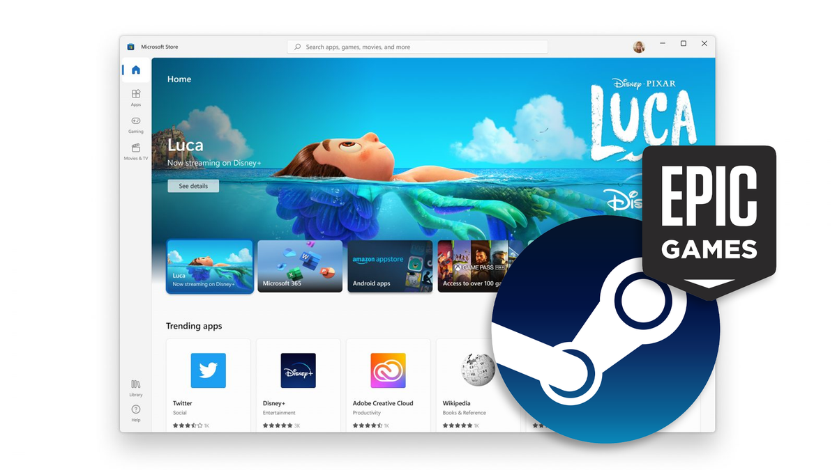 Windows 11 Microsoft Store ที่มีโลโก้ Steam และ Epic Games