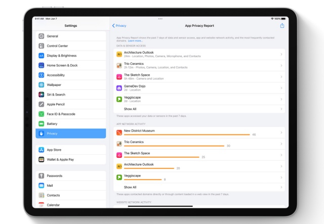 รายงานความเป็นส่วนตัวของแอปใน iPadOS 15
