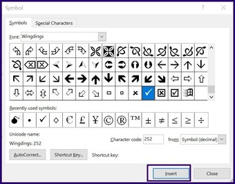 Insert tick symbols in microsoft word step 8