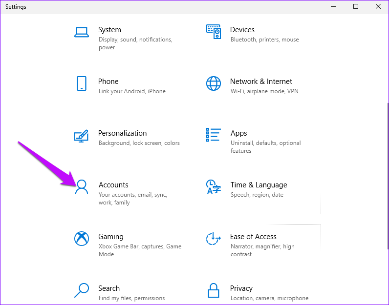 บัญชีในการตั้งค่า Windows