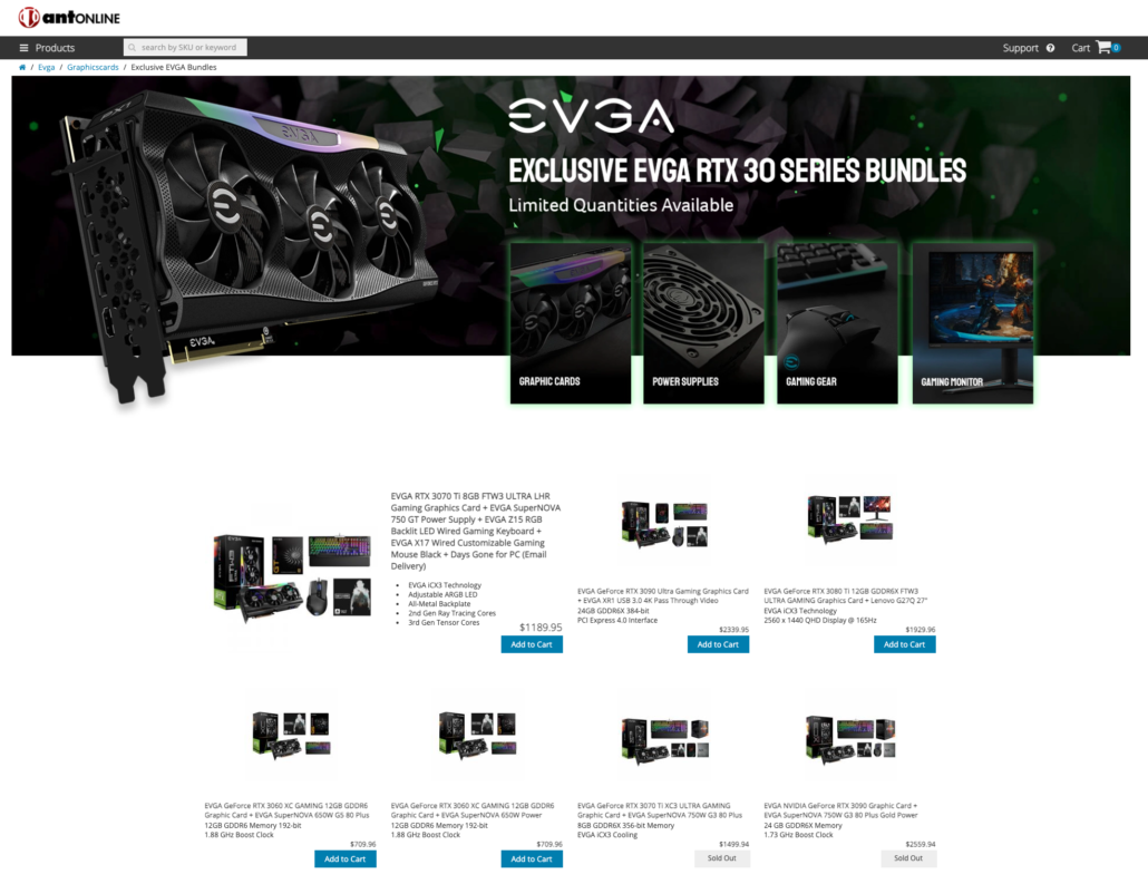 antOnline EVGA RTX 30 series graphics cards bundle page