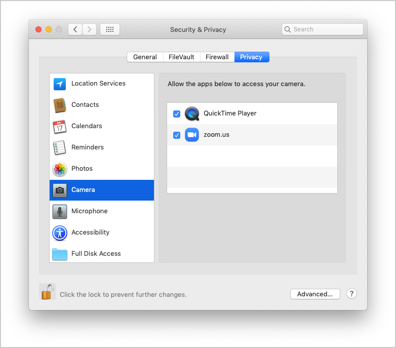 ตรวจสอบว่าแอปมีสิทธิ์เข้าถึงกล้องของ Mac