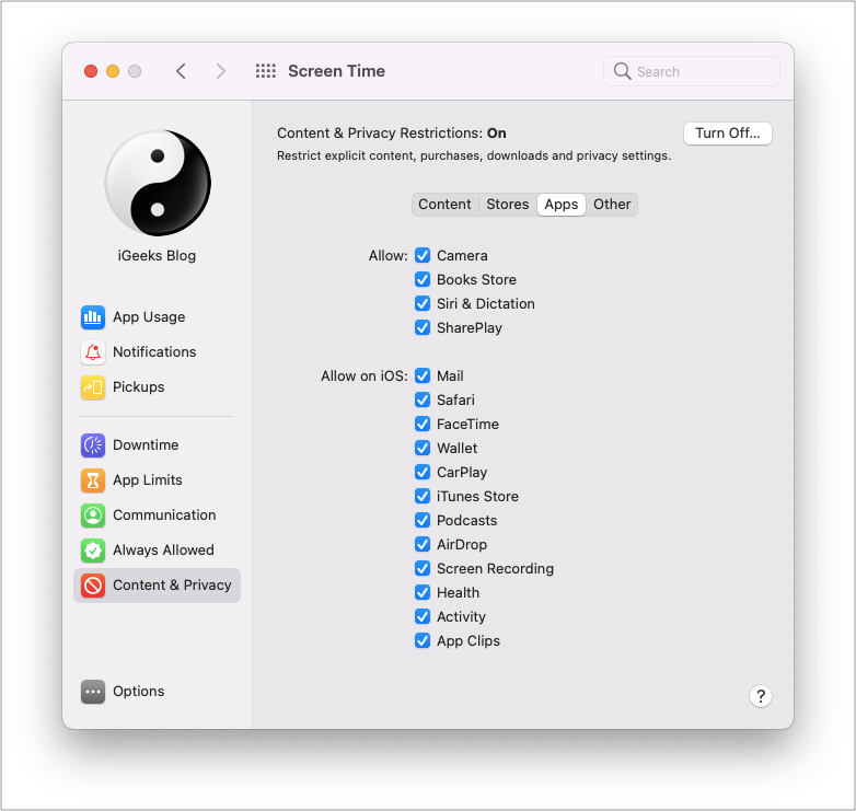 ตรวจสอบให้แน่ใจว่ากล้องของ Mac ไม่ถูกจำกัด ผ่านเวลาหน้าจอ