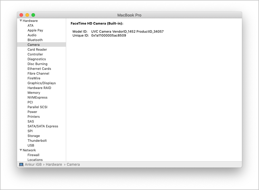 ตรวจสอบรายงานระบบของ Mac สำหรับกล้อง
