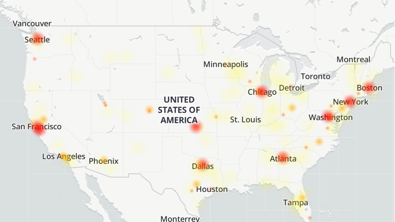 A heatmap of Akamai DNS outage รายงาน แหล่งที่มา: Downdetector