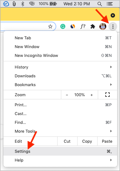 คลิกสาม จุดแนวตั้งจากด้านบนขวาของ Chrome แล้วเลือกการตั้งค่า